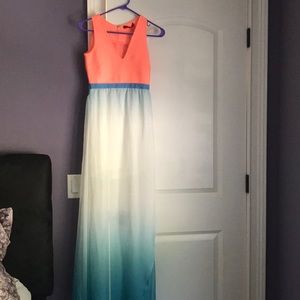 Maxi dress; coral top with a blue fade bottom